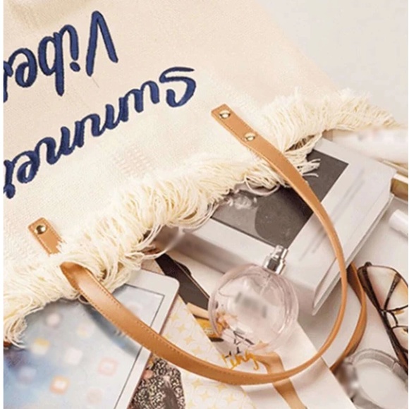 Luxe Vegan Leather Straps Summer Vibes Large Travel Beach Bag - Picture 7 of 10